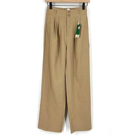 Halara High Waisted Straight Leg Work Pants XS Button Zipper Plicated Tan NWT - Picture 1 of 7